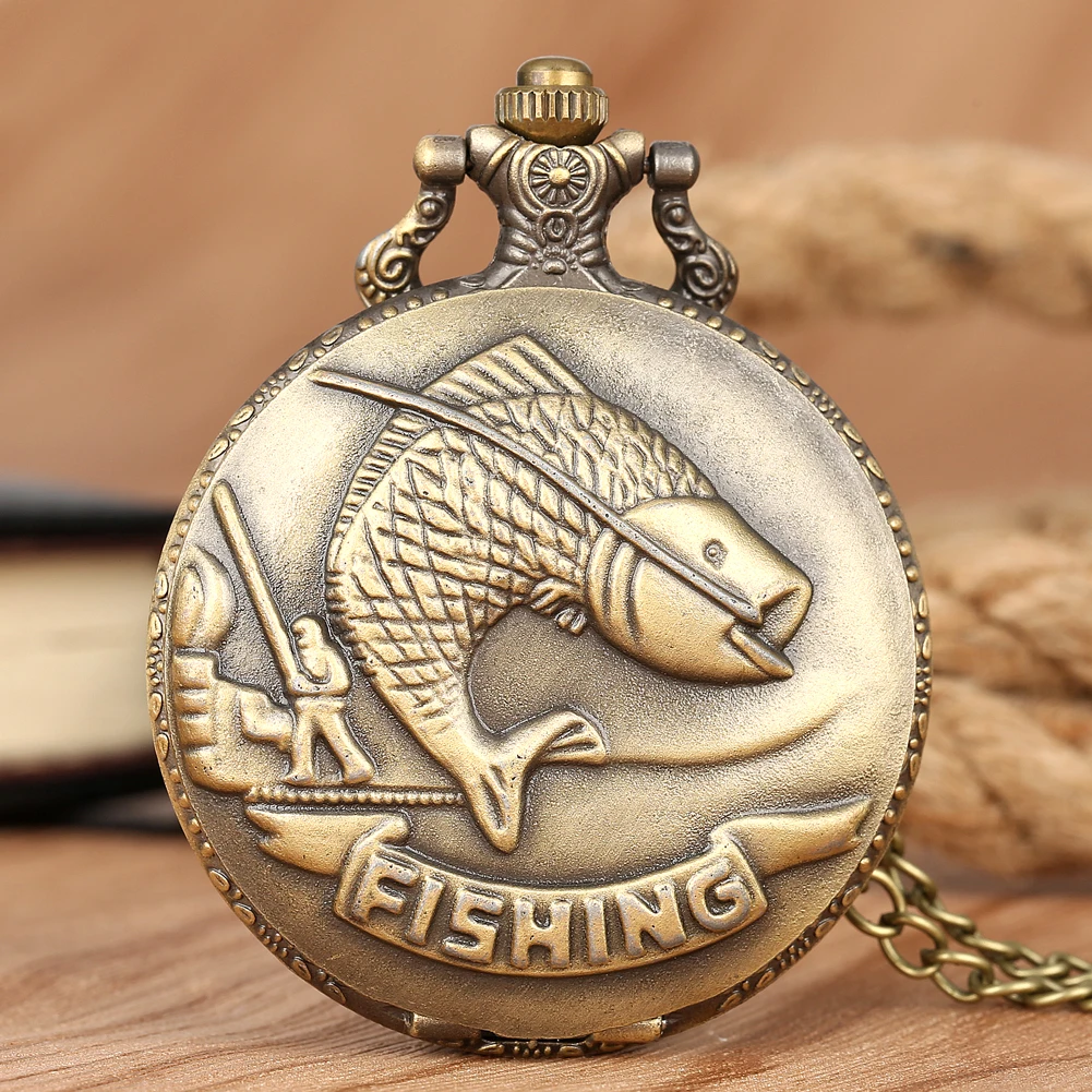 Bronze Fishing Quartz Pocket Watch Vintage Gift Pendant Clock Gift for Fisher Lover Arabic Numerals Dial Necklace Watches