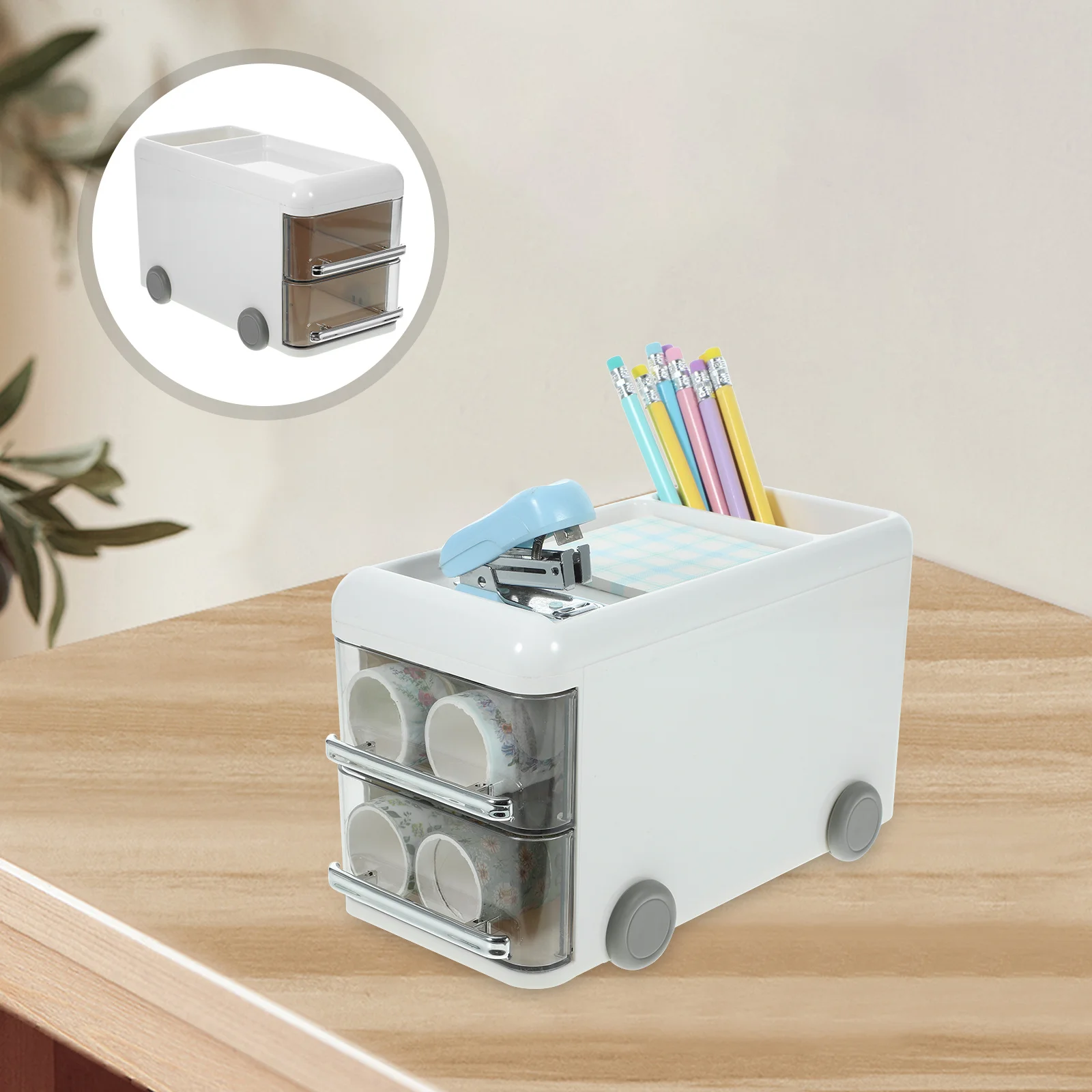 

Bus Shape Plastic Desk Organizer Double Layer Pen Holder Storage Rack Multifunctional Desktop Stationery Organizer for Work