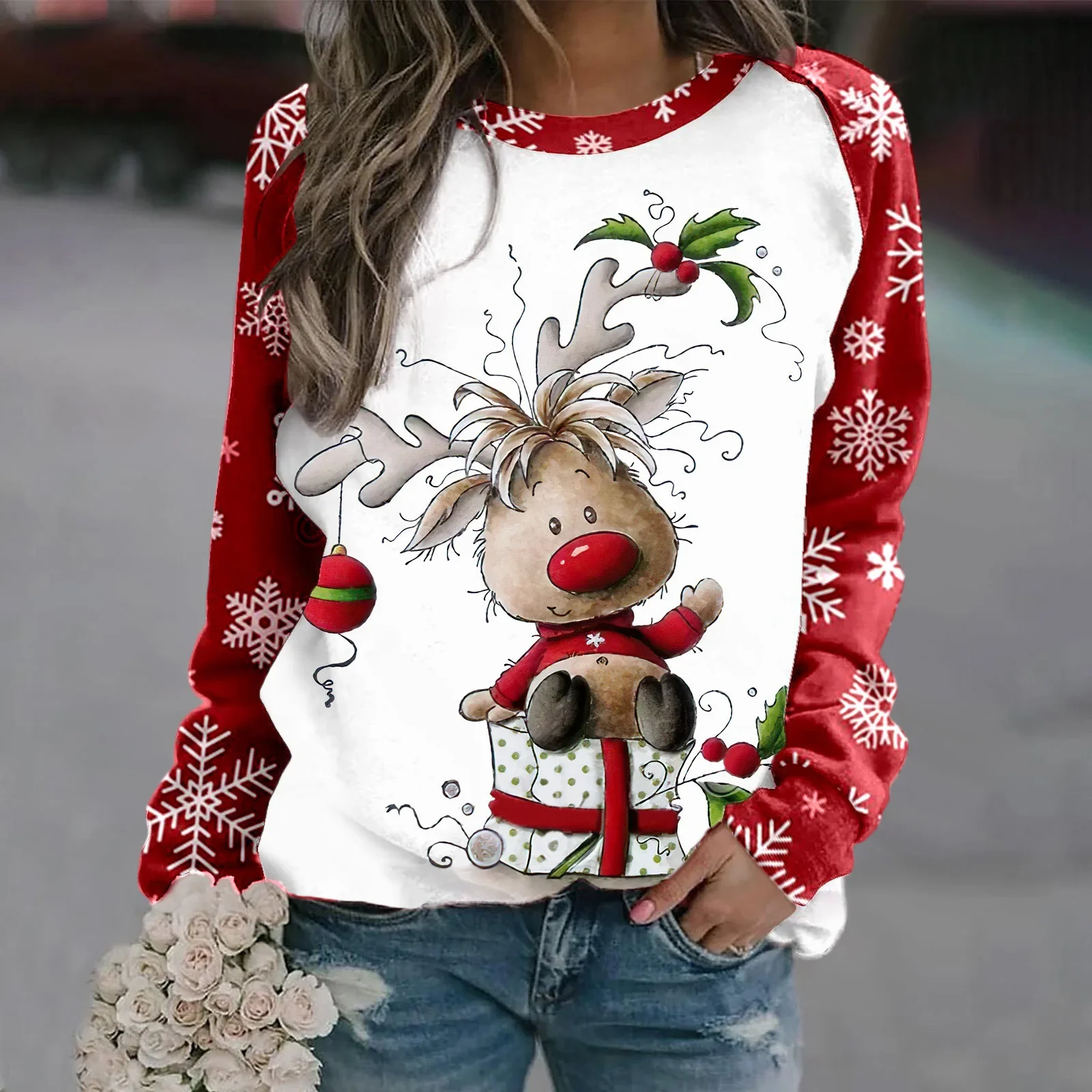 2024 Hot Sale Unisex Round Neck Sweater Christmas Style 3D Printed Street Style Ladies Pullover