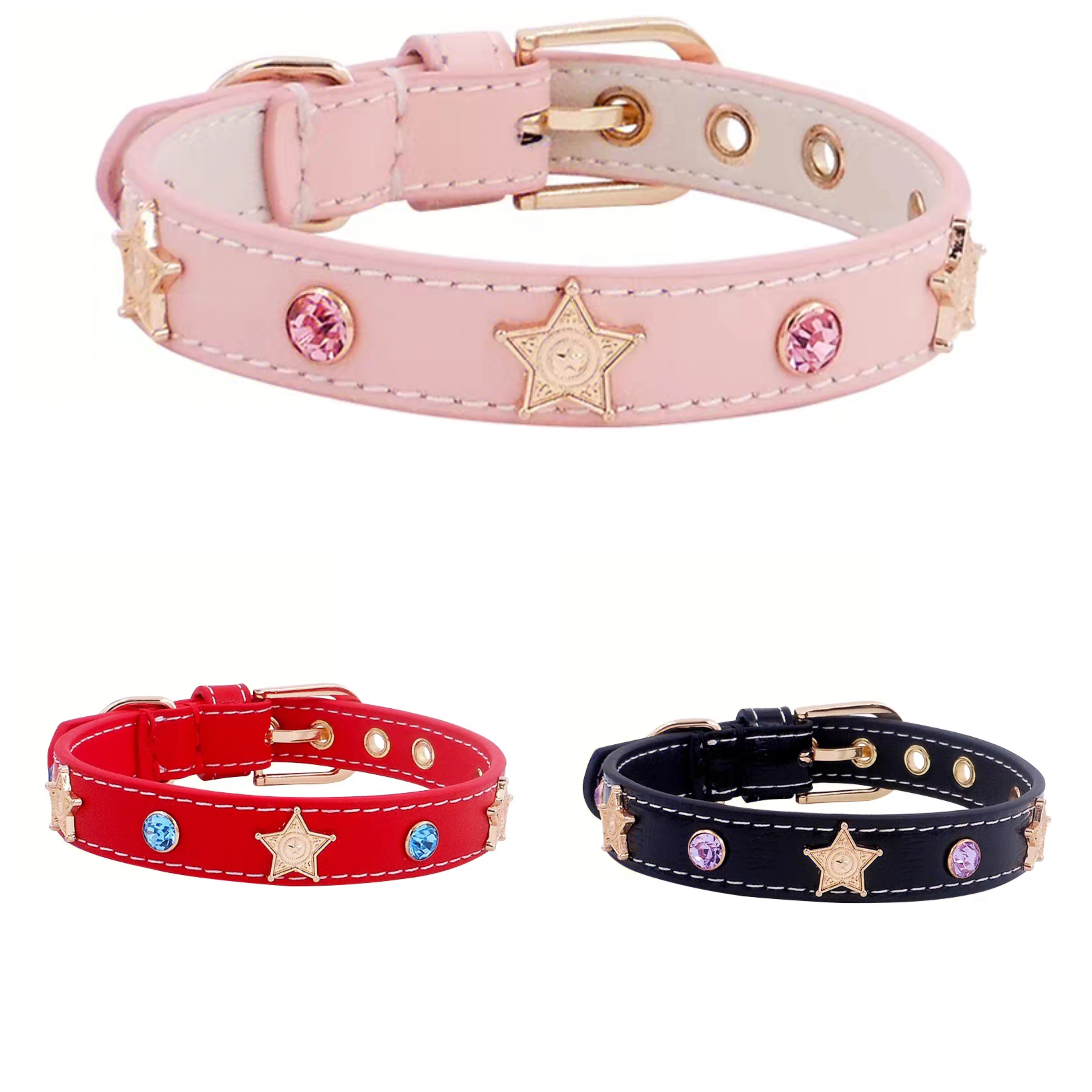 

Small Dog Collar Cat Genuiner Leather Handmade Designer Pet Collar Star Rhinstone Pet Collor Necklace High Quality