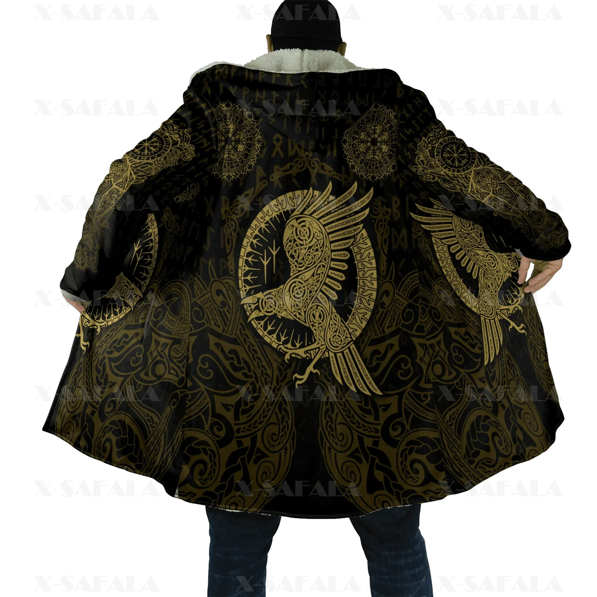 Raven Dikke Warme Hooded Mantel Mannen Wolf Viking Tattoo Fenrir Overjas Jas Print Winddicht Fleece Cape Robe Hooded Deken-5