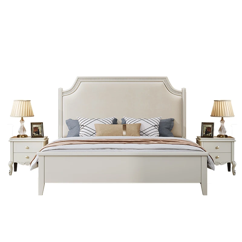 American solid wood bed, white master bedroom modern simple double bed