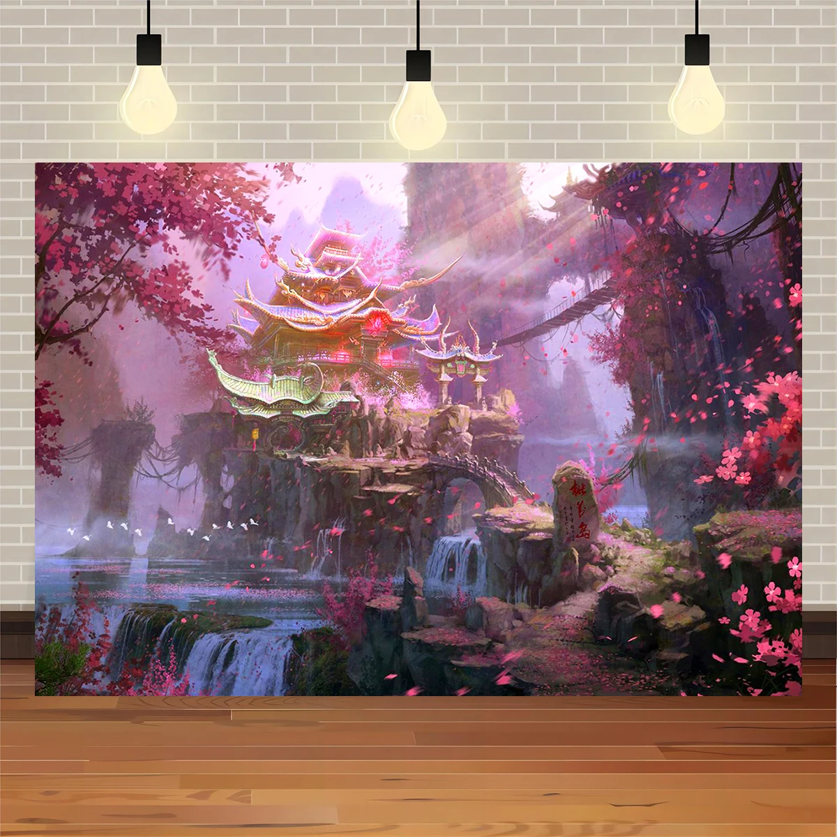 Chinese Temple Backdrop 7x5ft  Polyester Waterfall Pink Sakura Princess Photography Wonderland Art Happy Birthday Background