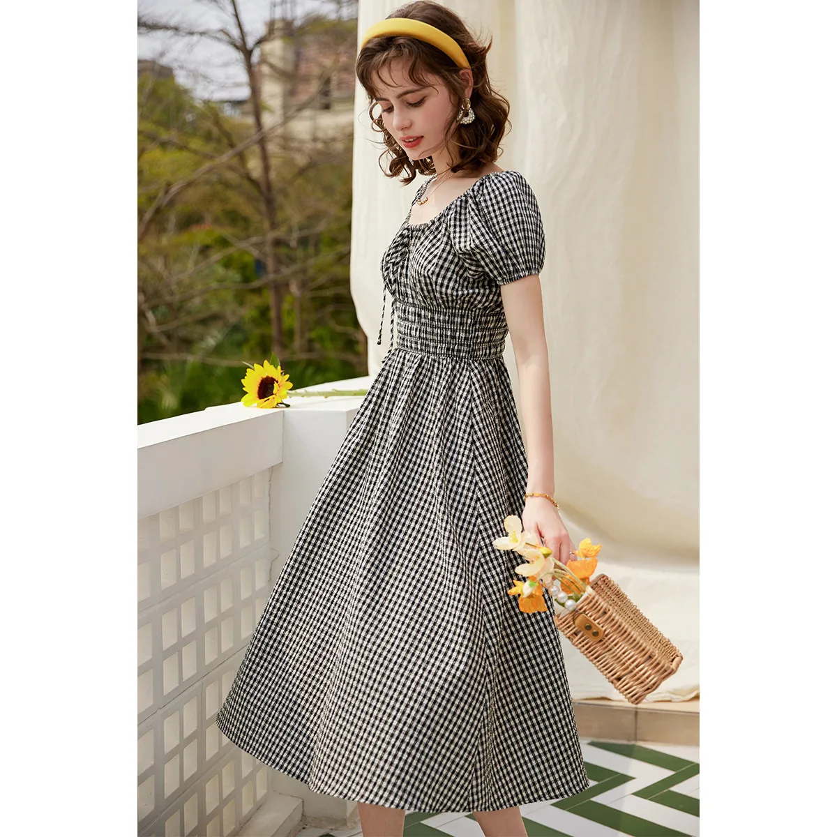 LOUIS YAO Plaid Puff Sleeve Dress French Style Square Neck Short Sleeve Check Dress 2024 Summer A-LINE Casual Long Dress