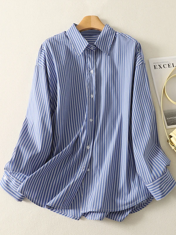 Lâche décontracté rayé irt grande taille femmes simple bouton Long Sve col rabattu ouvert Cardigan haut printemps Faion