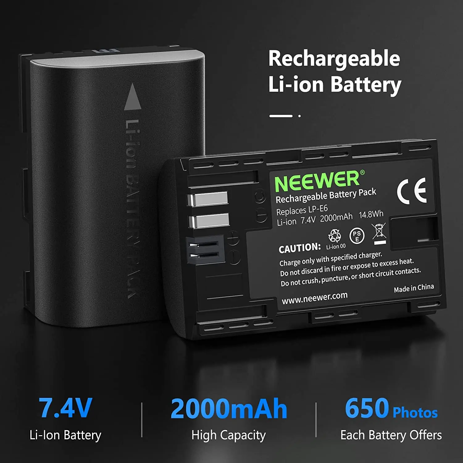 Neewer 2-Pack 2000mAh LP-E6 LP-E6N Replacement Rechargeable Camera Batteries & Micro USB Input Dual Charger Set for Canon