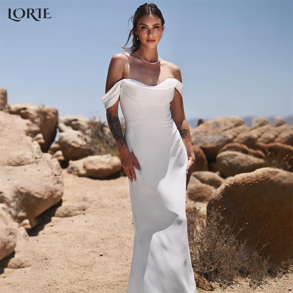 LORIE Solid Mermaid Wedding Dresses Off Shoulder Ruched Square Collar Bridal Gowns Backless Buttons Elastic Satin Bride Dress