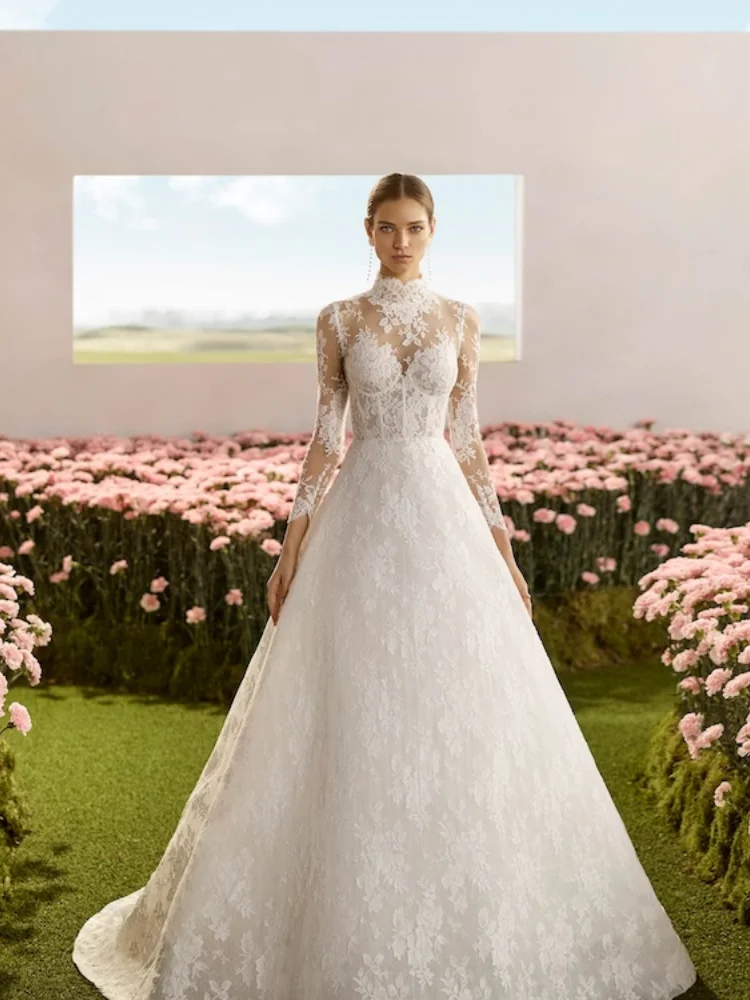 

Customized Women's 2025 Latest Long A-Line Lace Wedding Dress With Waist Design High Collar Long Sleeves Closed Back
