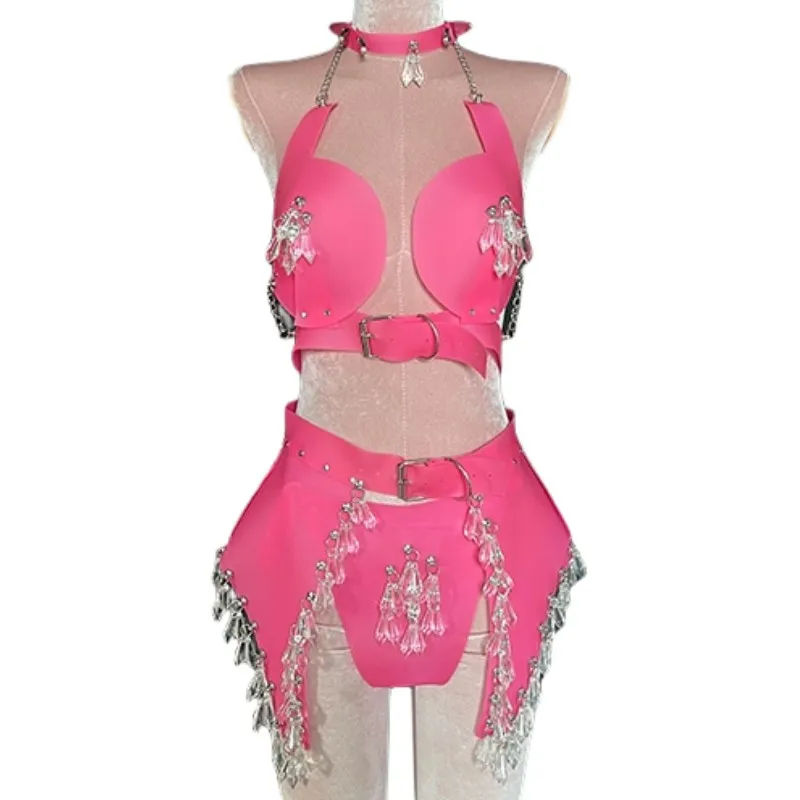 

Pink Beading Bikini Gogo Performance Party Stage Costume Sexy Bar DJ Dancer Singer Nightclub Concert Show Festival Rave Outfit