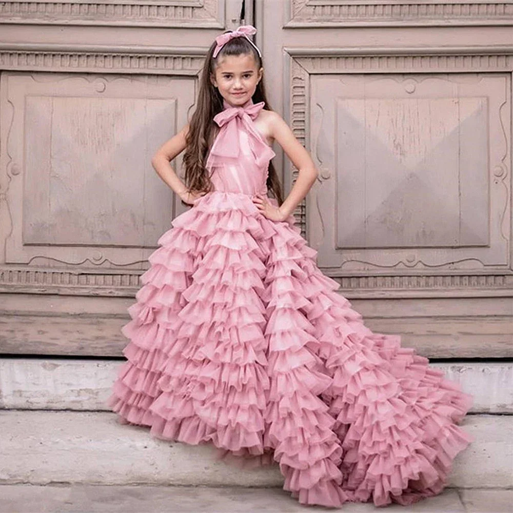 Vestidos de flores para niña, exquisito vestido de baile hasta el suelo con cuello Halter, vestido de graduación de desfile de princesa para boda, vestido de dama de honor, vestido de noche de graduación