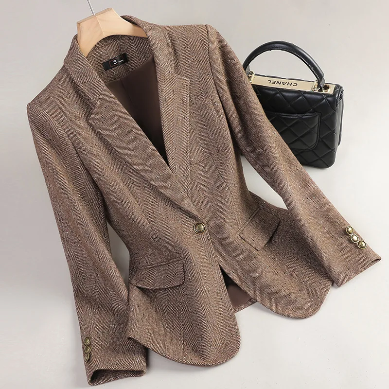 

Women Blazer Autumn Winter Jacket Fashion Short Office Suit Temperament Commuter Slim Formal Jacket Woolen Top Female Outerwear