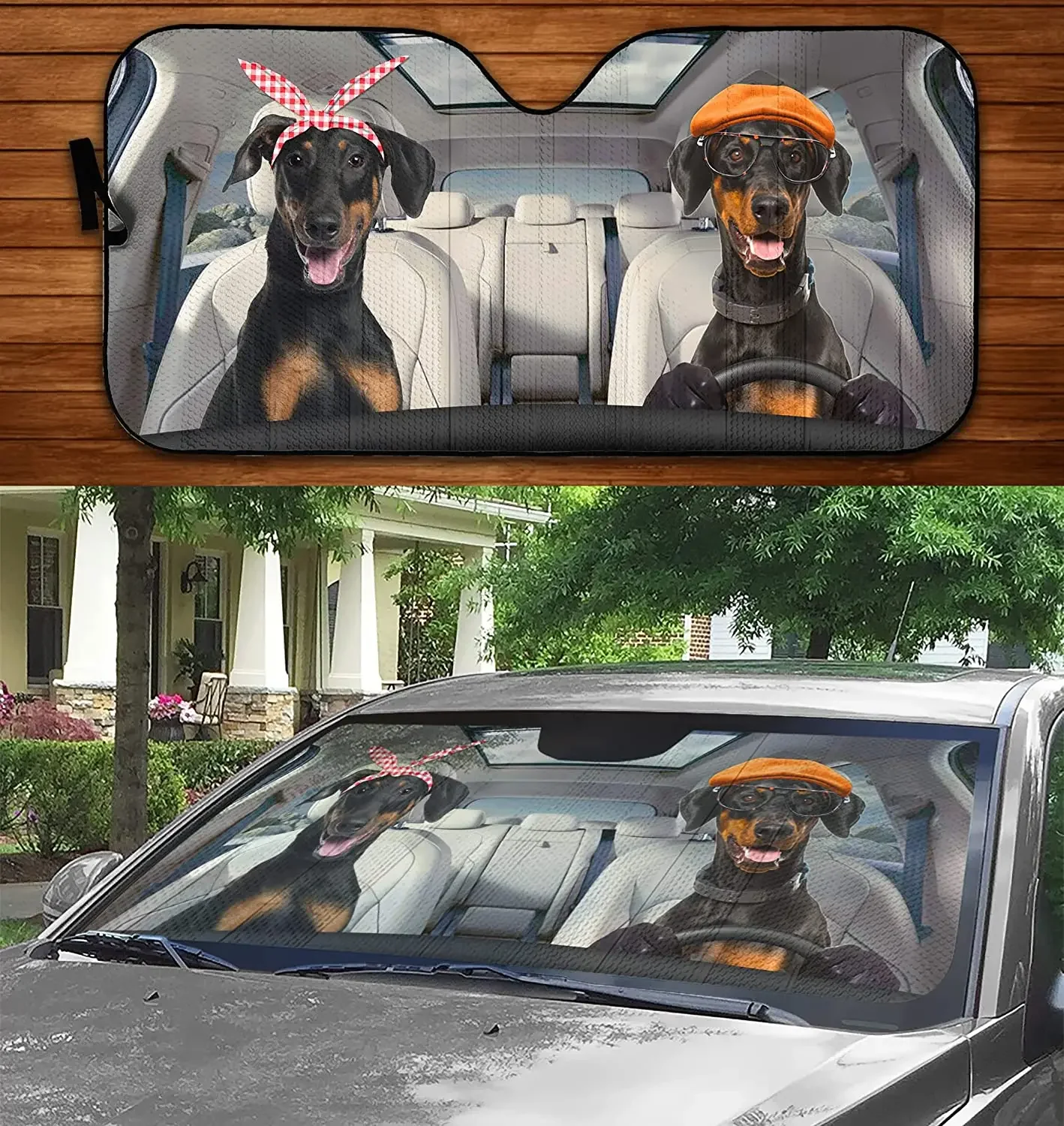 Funny Two Dobermans Dog Driving On Summer Car Sunshade, Cute Doberman Couple Driving Auto Sunshade Car Windshield Durable Visor