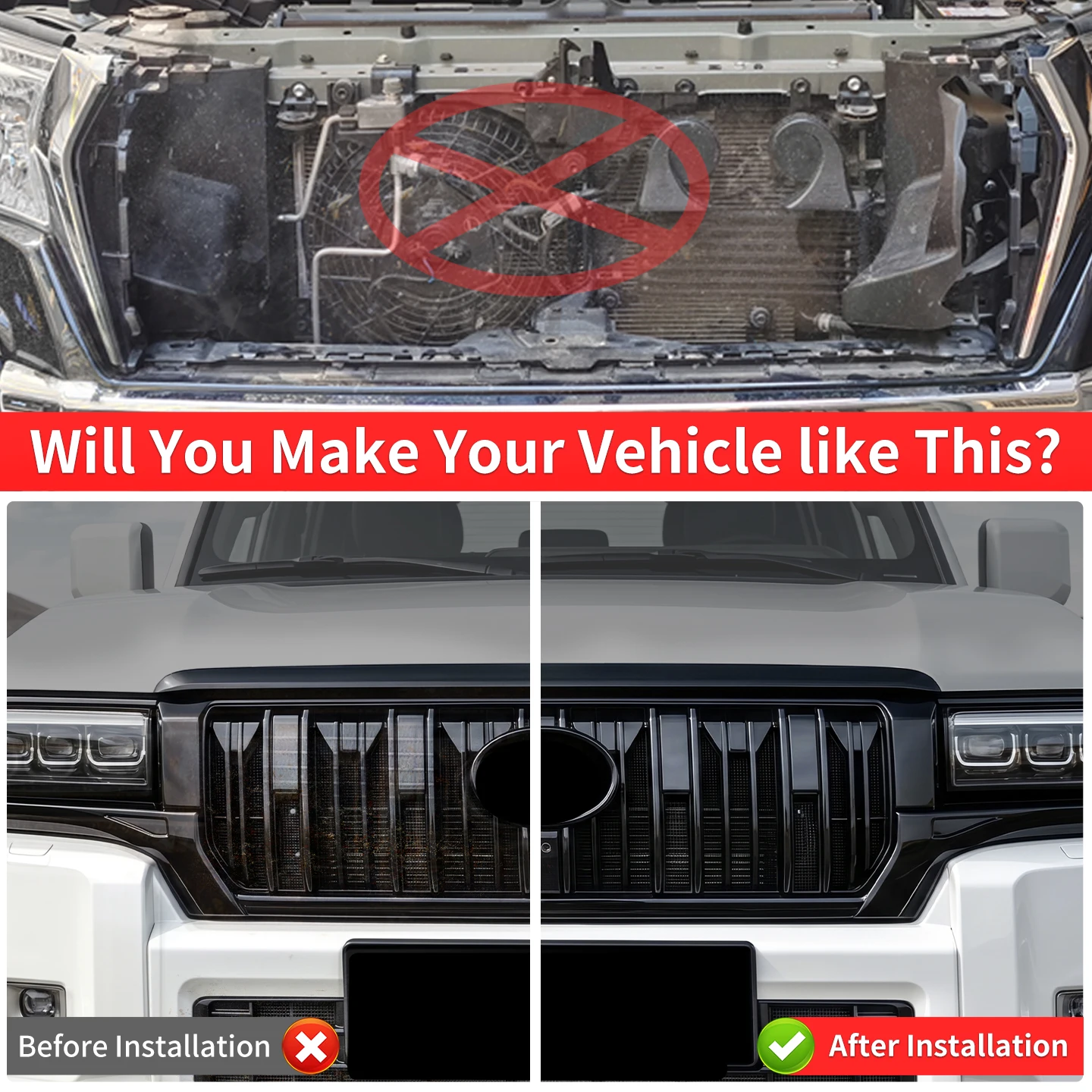 For Toyota Land Cruiser Prado 250 2024-2026 Radiator Protection Mesh Insect Proof Grille Net Snap Fit Upgrade Accessories