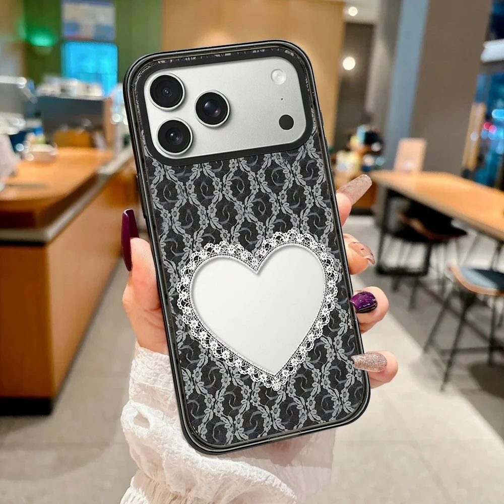 Creative Laser Heart Impact Black Border Magnetic Phone Case Cover for IPhone 14 15 16 17 18 Pro Max Case