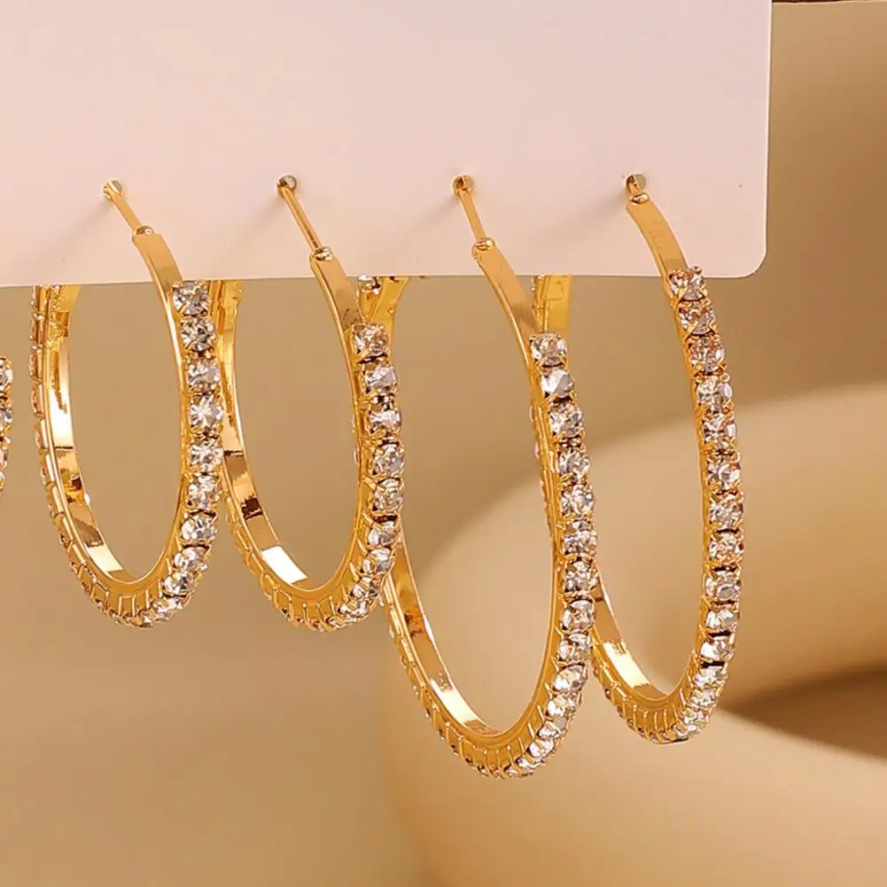 Stable Wearing Earrings 3 Pairs Women Hoop Earrings Set Rhinestone Jewelry Gift Multi-size Ear-pin Closure Earrings with Stable