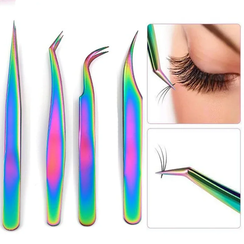 Rainbow Stainless Steel False Eyelashes Tweezers Clip Applicator Fake Eyelash Eyelash Extension Tweezers Eyes Makeup Tools