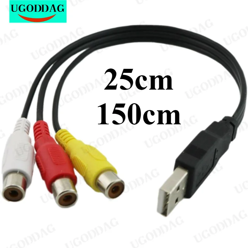 1szt USB wtyk męski na 3 żeńskie RCA Adapter audio Konwerter wideo AV A/V Kabel USB na RCA do HDTV TV Przewód telewizyjny