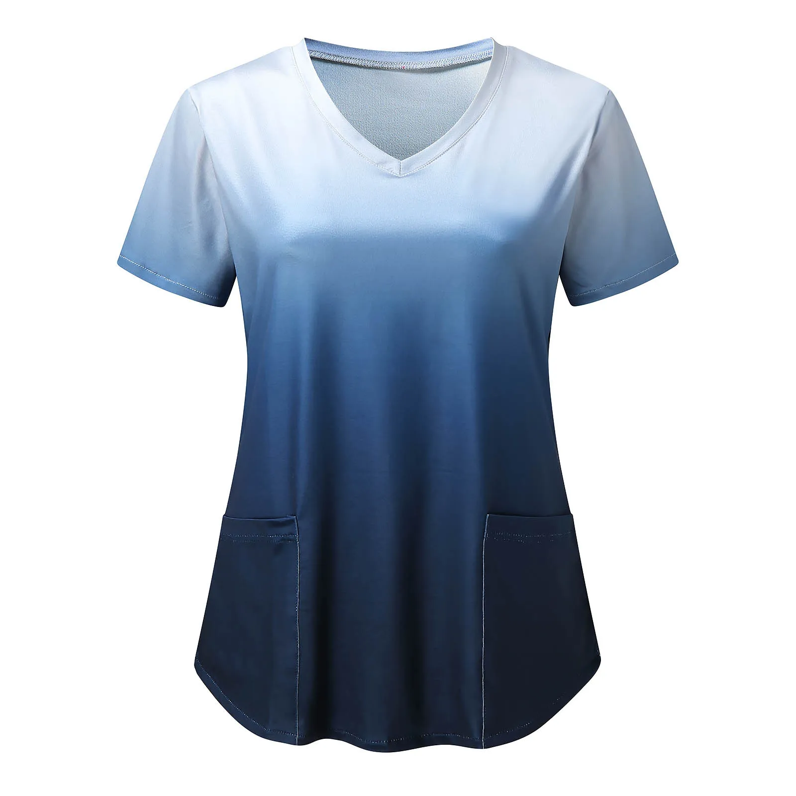 Fashion Gradient Print Women Working Uniform Blouse Shirt Short Sleeve Neck Tops Nursing Clothes Scrubs Women Uniform Nurse