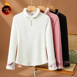 Women Autumn Winter Mock Neck Fleece Buttons Solid Color Long Sleeve T-Shirt Ladies Elegant Embroidered Chinese Style Slim Tops