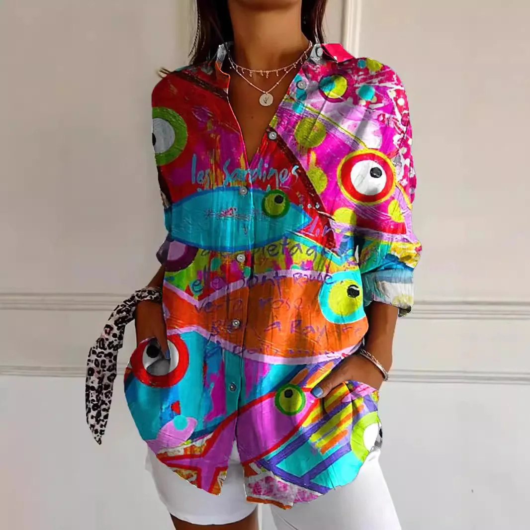 2024 New Women's Long Shirt, Summer European and American Trendy Long Sleeve Shirt, 3D Printed with Flower Pattern