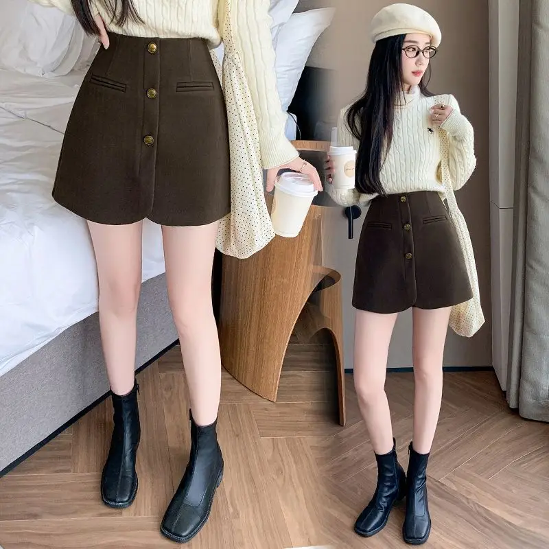 Buttoned Solid Skirt Pants Women's A- Line Short Pants Autumn Winter Wide Leg Pant Skirt High Waist Casual Trousers TT886