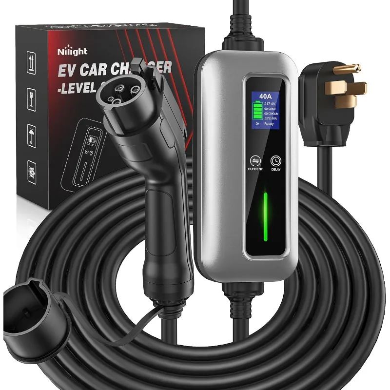 EV Charger Level 2, 40 Amp 240V, 25ft Cable SAE J1772 Portable Electric Car Charger with NEMA 14-50P Plug, Adjustable