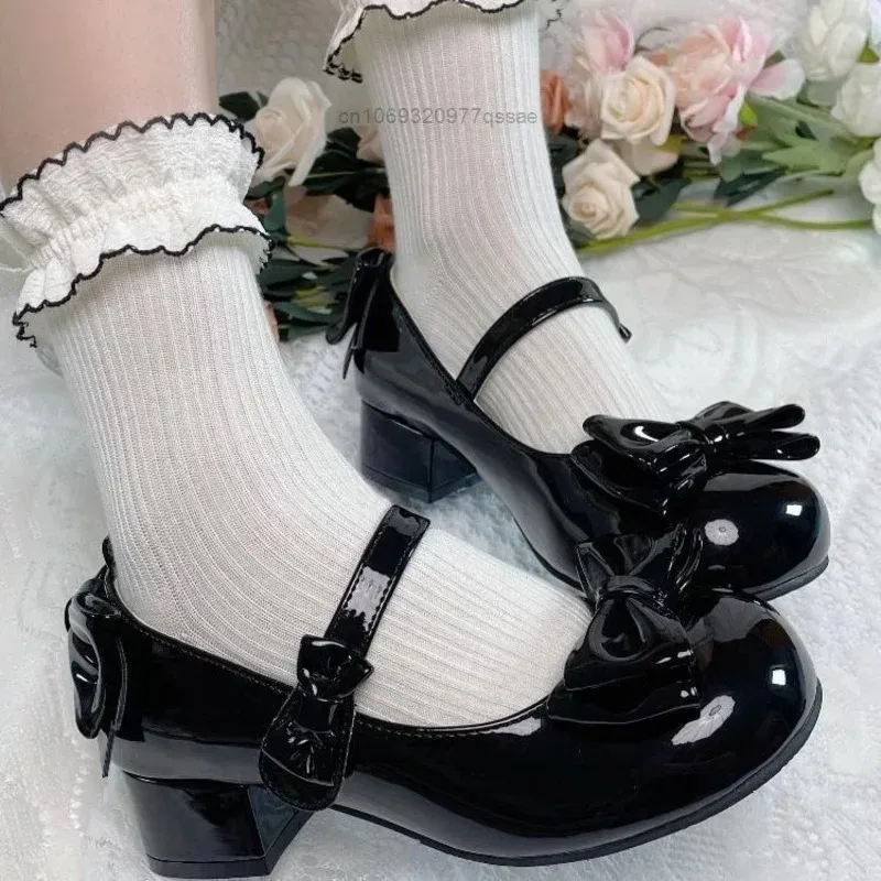 

2026 Lolita Style Cute Round Head Jane Pumps With Bow Women's Sweet Party Dress Midi Heels Shoes Fashion Girl Shoes