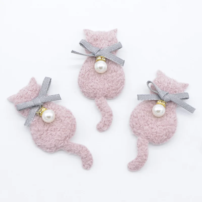 10Pcs Cute Plush Cat Padded with Pearl Pendant for Clothes Patch Fabric Sewing Craft Socks Gloves Shoes Decal Decoration