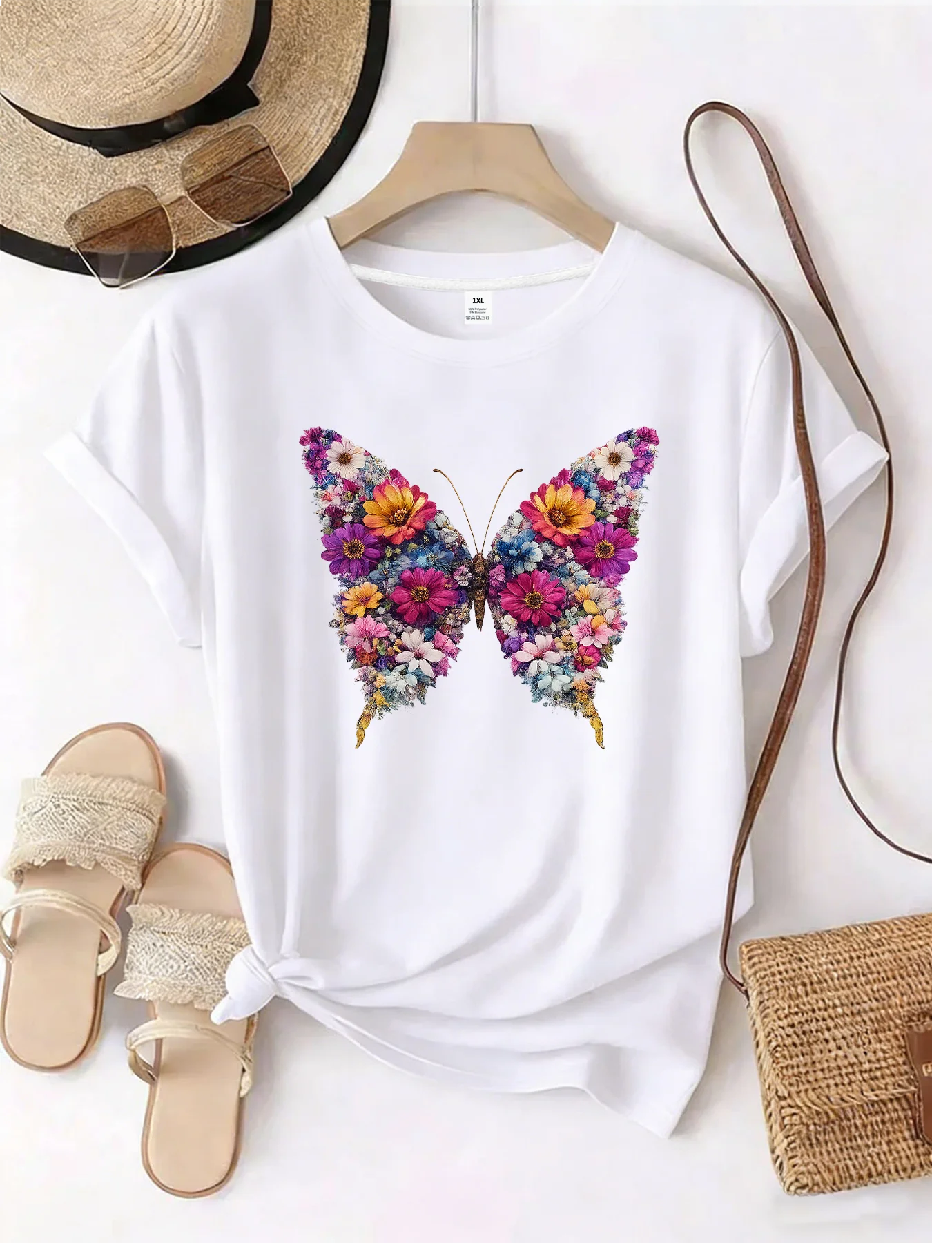 【WZM101399】Butterfly print plus size women's round neck summer casual short sleeved street fashion versatile plus size T-shirt