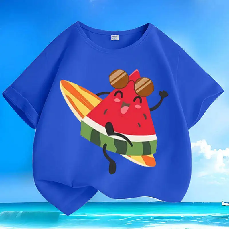 Cotton Summer New Cartoon Surfing Watermelon Short Sleeved Small and Medium-sized Children's Round Neck Loose Parentchild Outfit