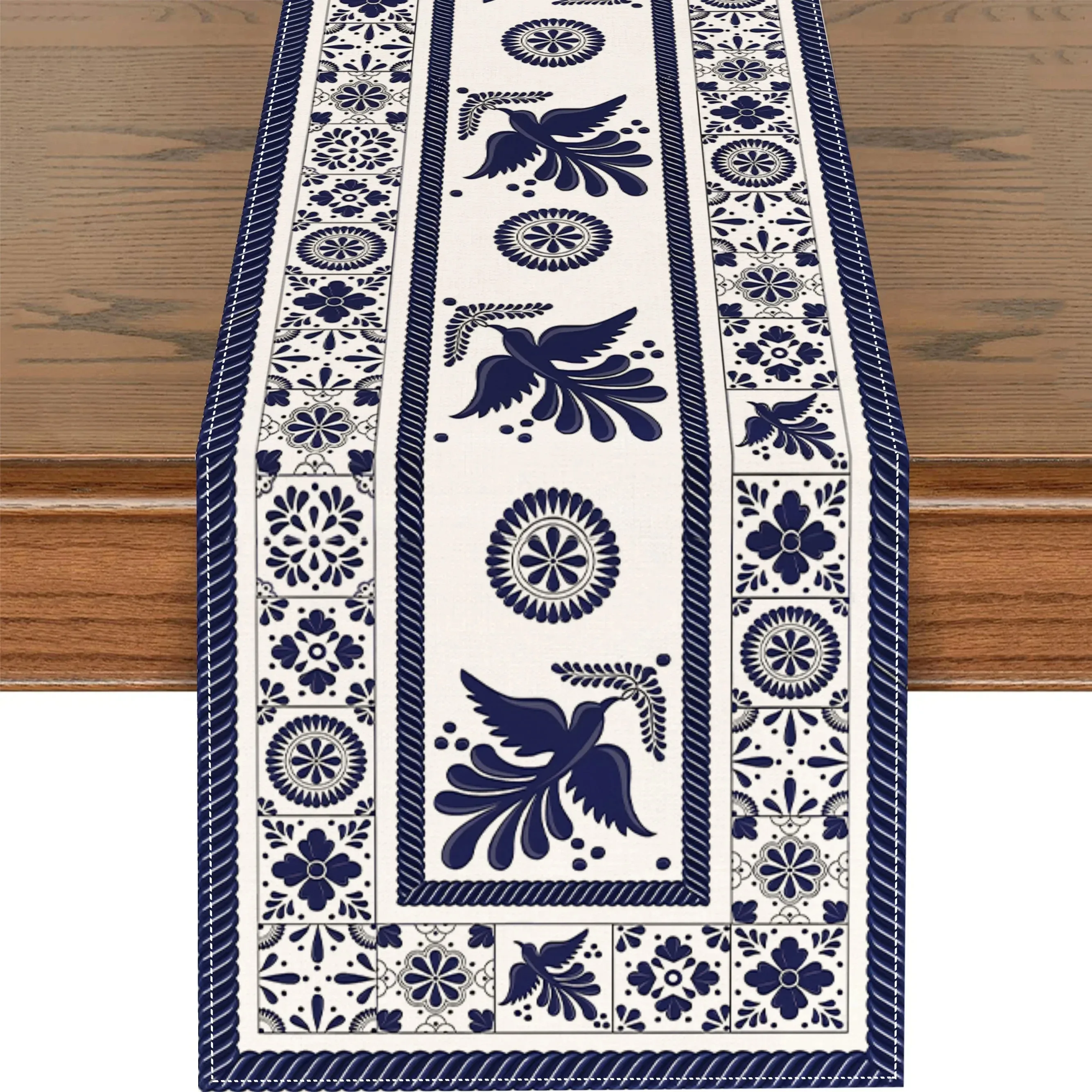 Talavera Tile Table Runner, Mexican Blue White Bird and Flower Pattern, Fiesta Party Dining Tabletop Decoration