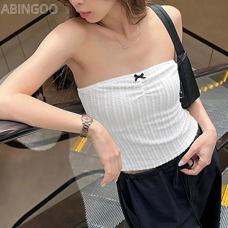 

ABINGOO Summer Strapless Bow Tank Tops One Line Neck Bra 2024 Women Trending Clothing Y2K Solid White Casual Sleeveless Tube Top