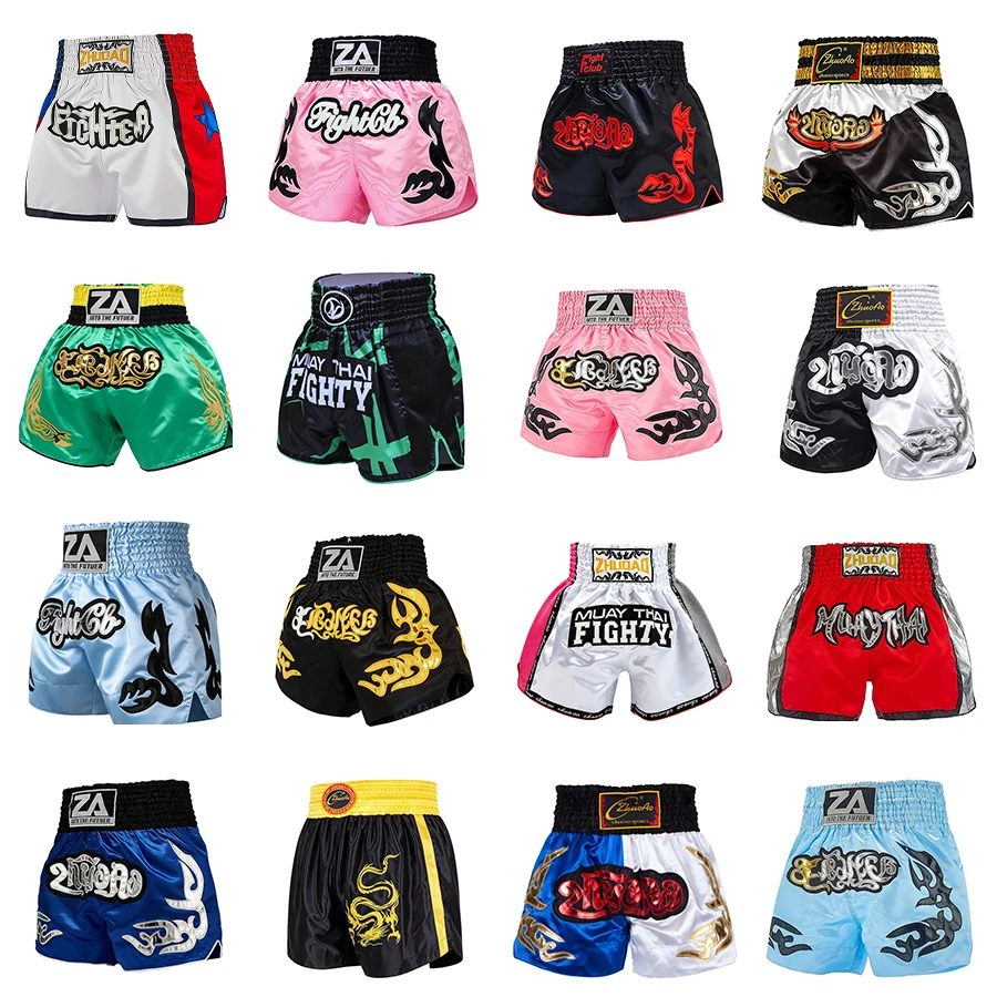Klassische Thai-Boxshorts mit Stickerei, Satin-Muay-Thai-Shorts für Männer, Frauen und Kinder, Sanda Wushu Kampf MMA Kickbox-Trainingshosen