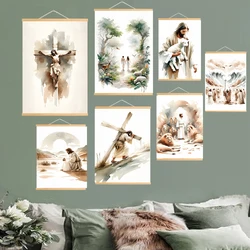 God Jesus Mary Christian Bible Watercolor Posters Prints Solid Wood Hanging Scrolls Painting for Living Room Nursery Decor Gift
