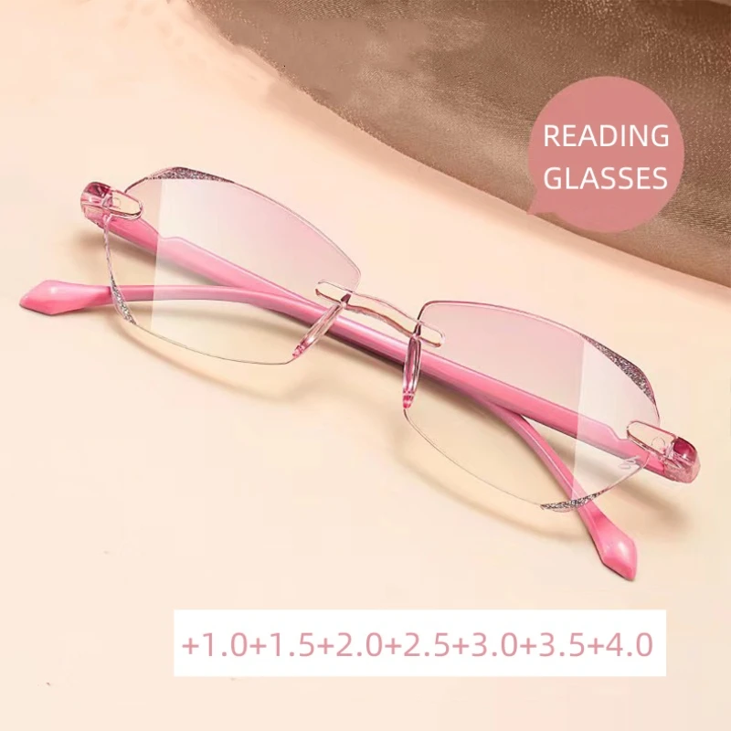 

Vintage Rimless Far Sight Eyeglasses for Women HD Ultra Light Presbyopia Glasses Diamond Cutting Blue Light Reading Glasses