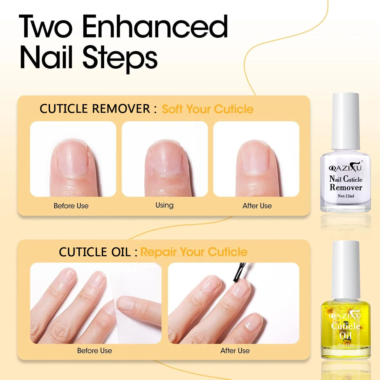QAZIXU 12 مللي مزيل بشرة الأظافر ومجموعة زيت مغذي للبشرة الميتة للعناية بالأظافر أداة تنظيف البشرة