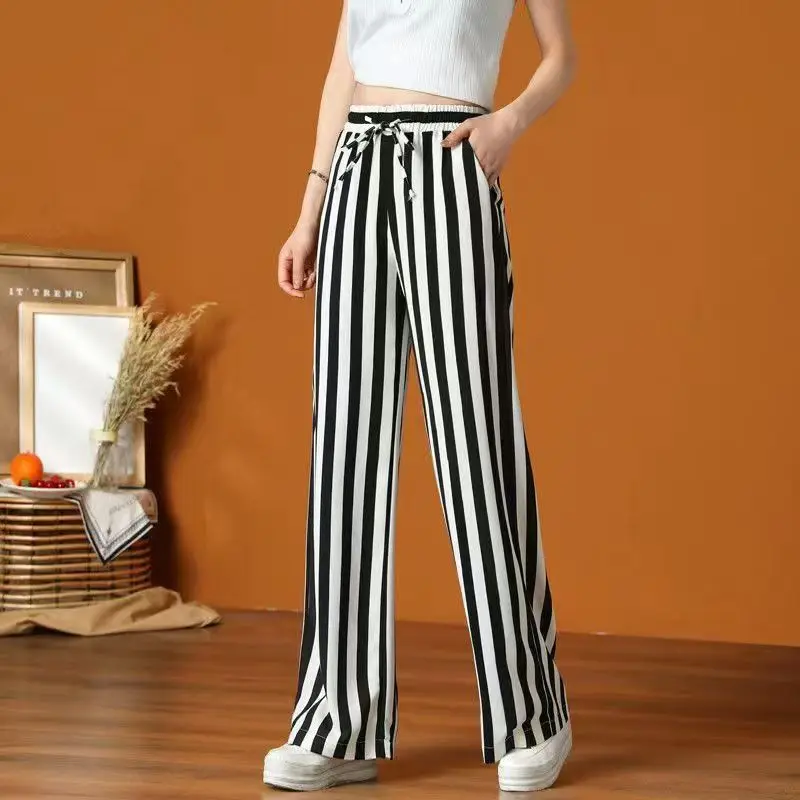 Summer Thin Stripe Wide Leg Pants Women Oversize 3xl Fashion Elastic High Waist Baggy Pantalones Office lady Straight Trousers