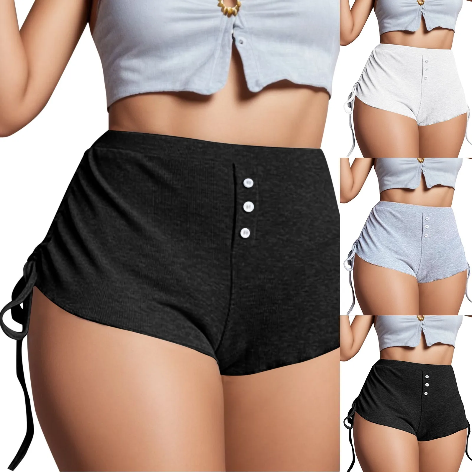 Women's Fashion Summer High Waisted Buttons Short Pants Sexy Side Drawstring Package Hip Shorts Solid Colour Casual Shorts