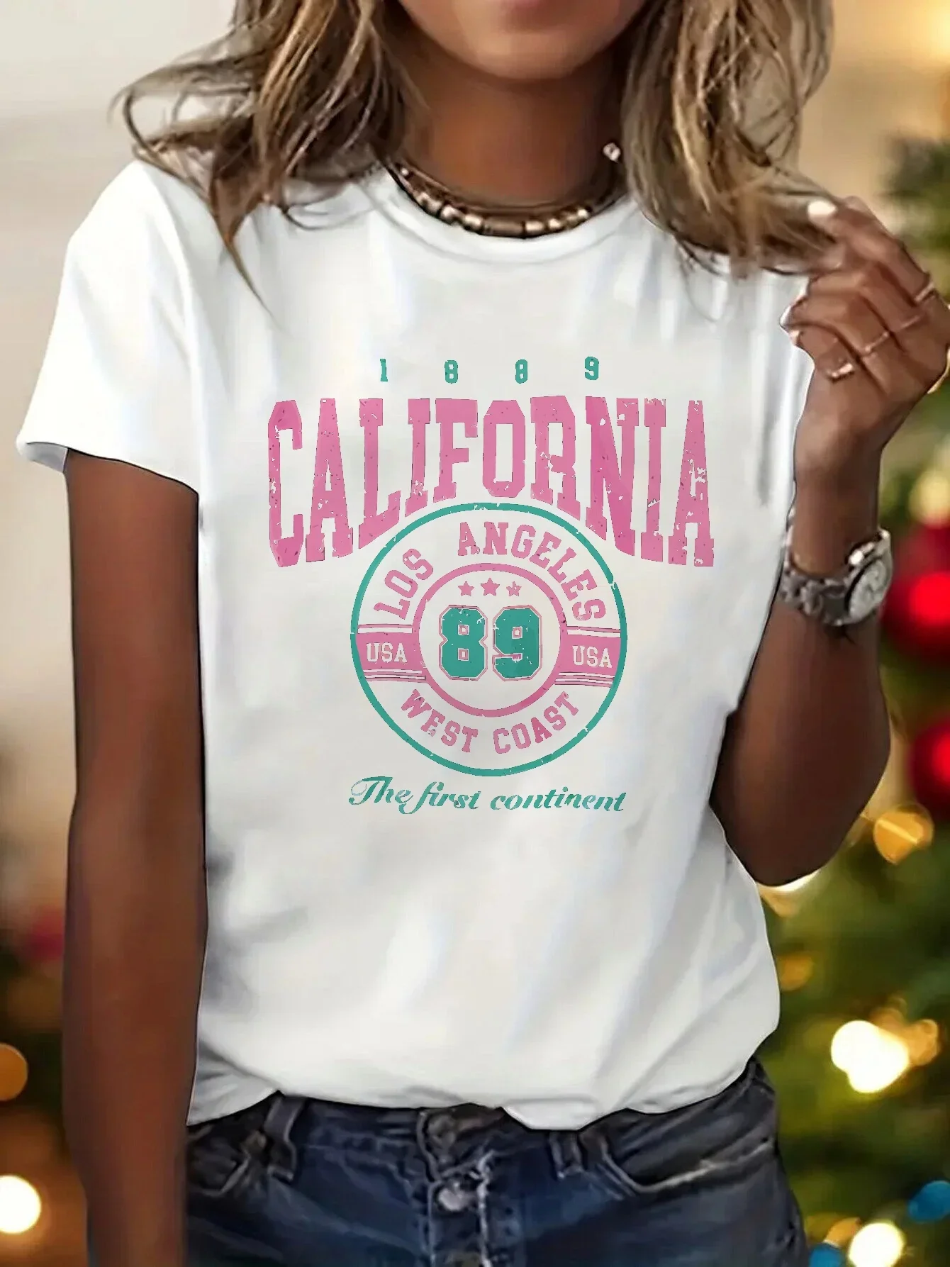 

Women's Casual Short Sleeve T-Shirt - California Los Angeles Graphic Print Round Neck Top, White with Pink &