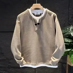 Trendy Fake Two Solid Color V-neck Hoodies for Men High-end Loose and Versatile Casual Long Sleeved T-shirt Top for Men