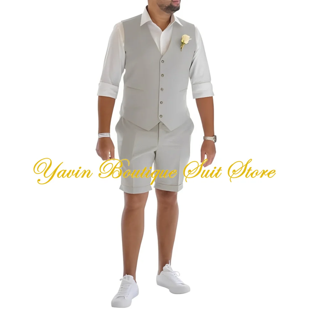 

Linen Short Suits for Men Slim Fit 2 Piece Summer Wedding Groom Groomsmen Vest and Shorts