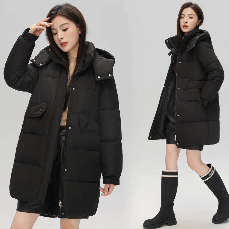 Women Hooded Parkas Coats Mid Length Solid Jackets Pocket Zipper Long Sleeves Thick Loose Fit Office Lady Casual 2025 Winter
