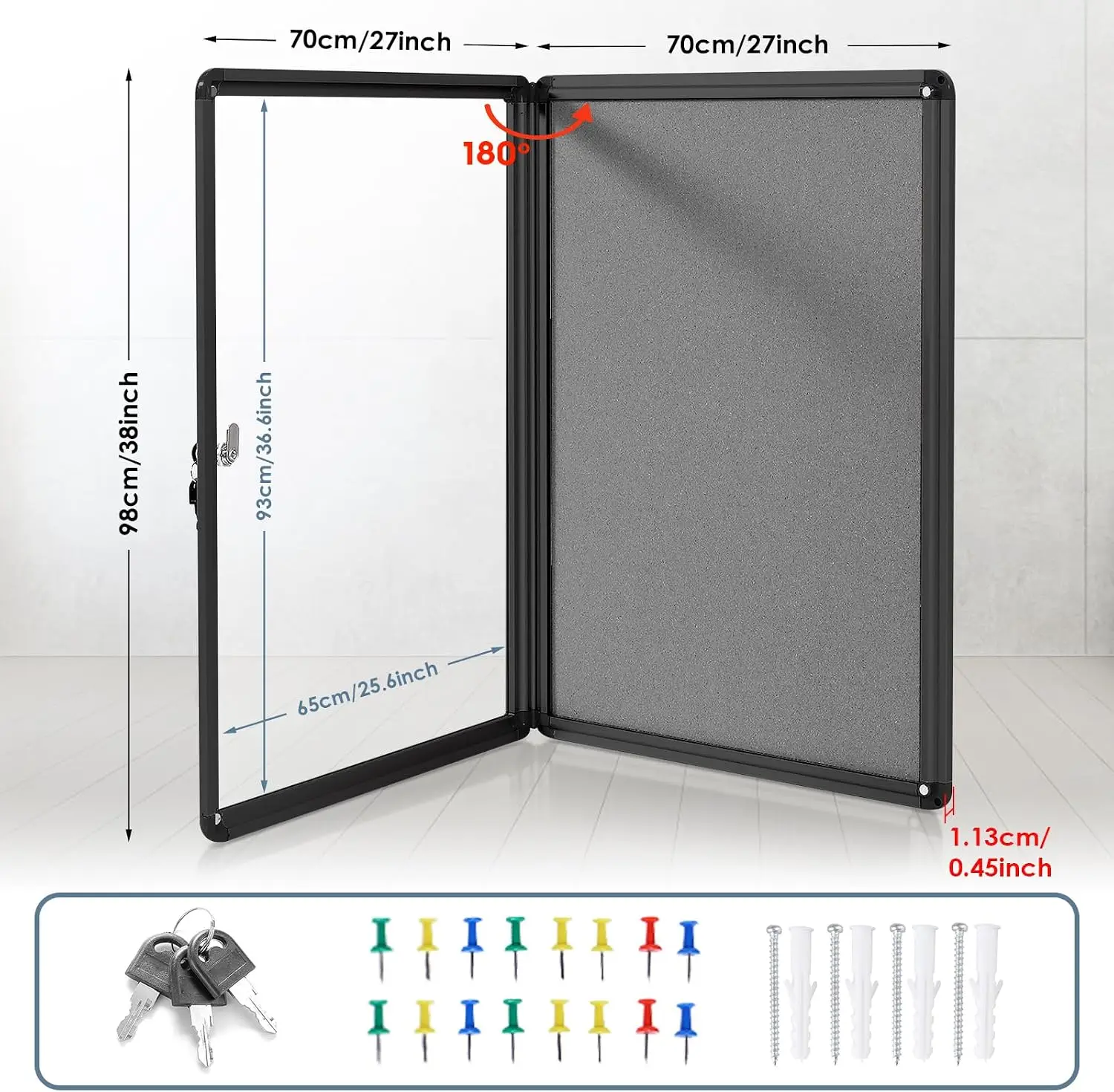38x28 in Enclosed Bulletin Board Locking Display Case, Grey Felt | Lockable, Tamperproof, Wall Mount, Black Aluminum Frame