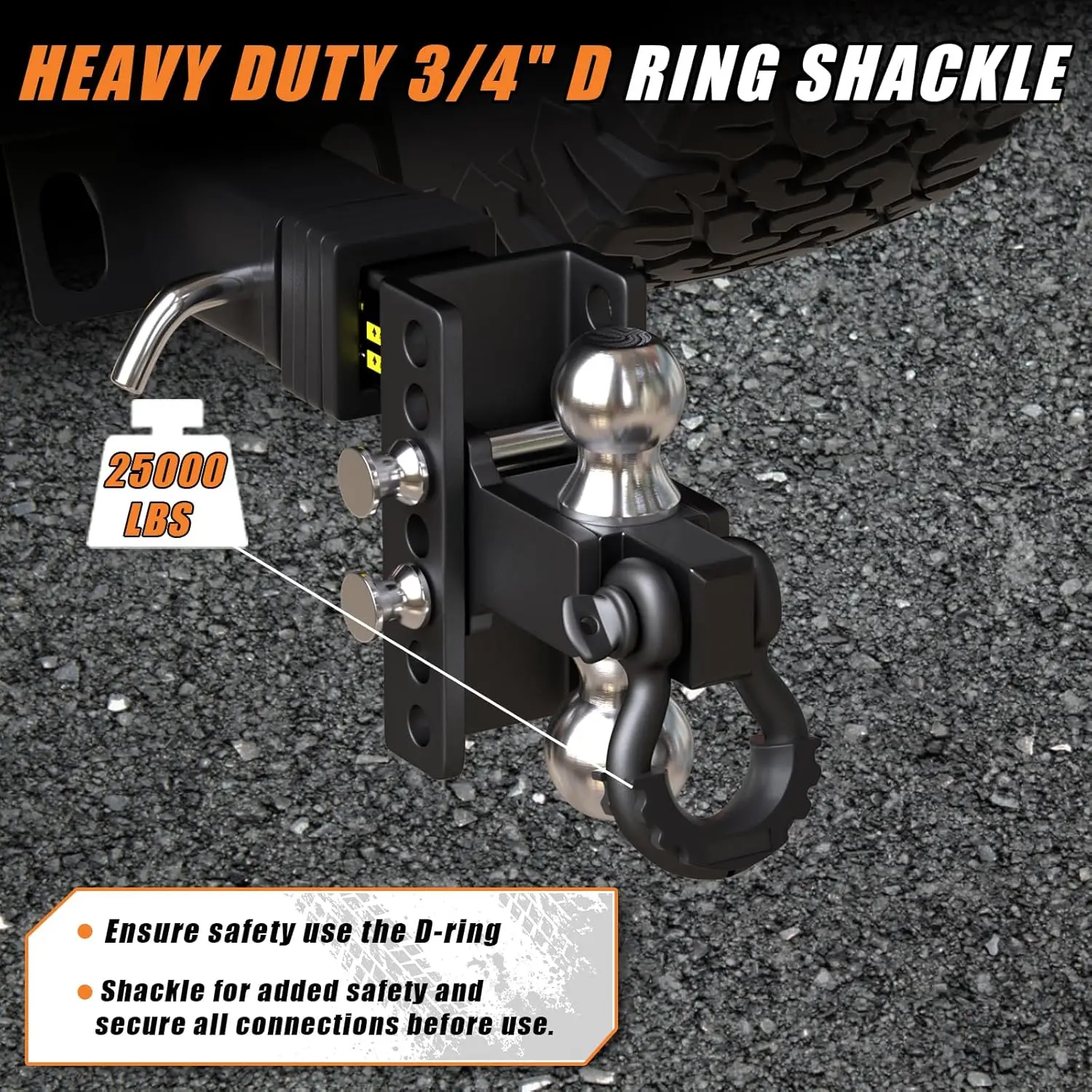 RV, Camper, and Boat Trailer Towing, Adjustable Trailer Hitch Receiver with Shackle, Heavy Duty 25000 Lbs Towing Capacity