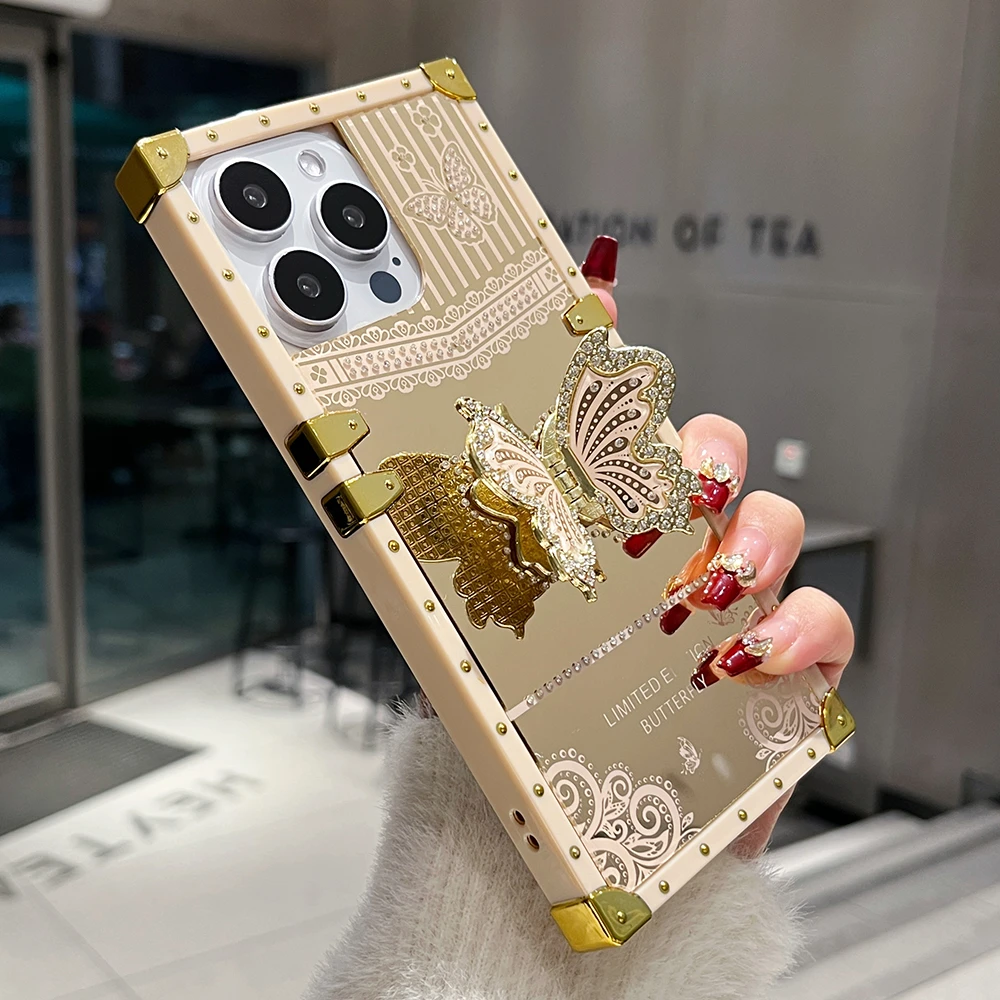 الفاخرة الماس فراشة قوس حامل جراب هاتف آيفون 16 15 برو ماكس 14 13 12 11 مرآة للصدمات حماية غطاء الوفير