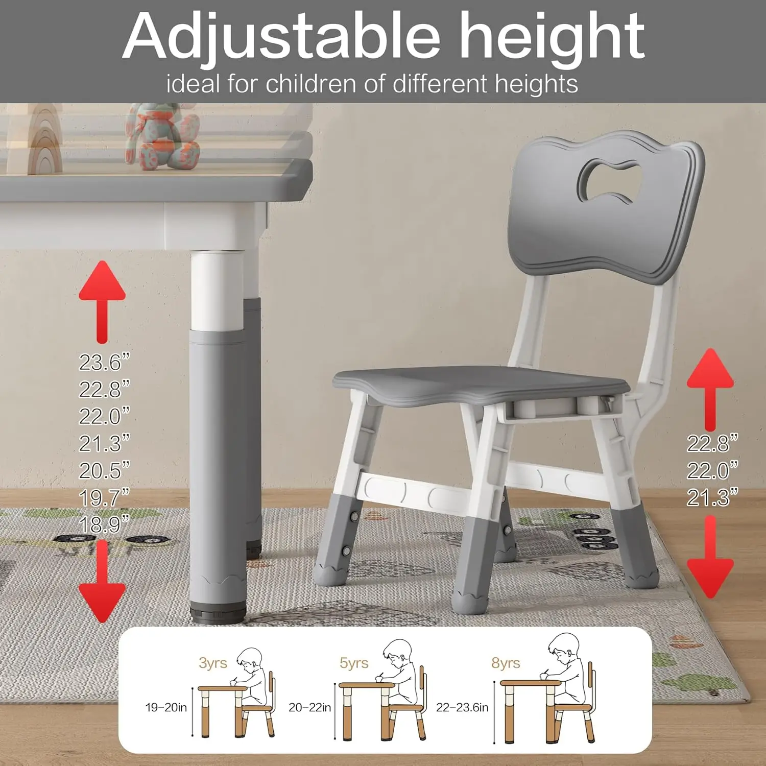 Kids Table and Chairs Height Adjustable, Toddler Table and Chairs, 31.5''L x 23.6''W Graffiti Table with 4 Chairs, for Reading