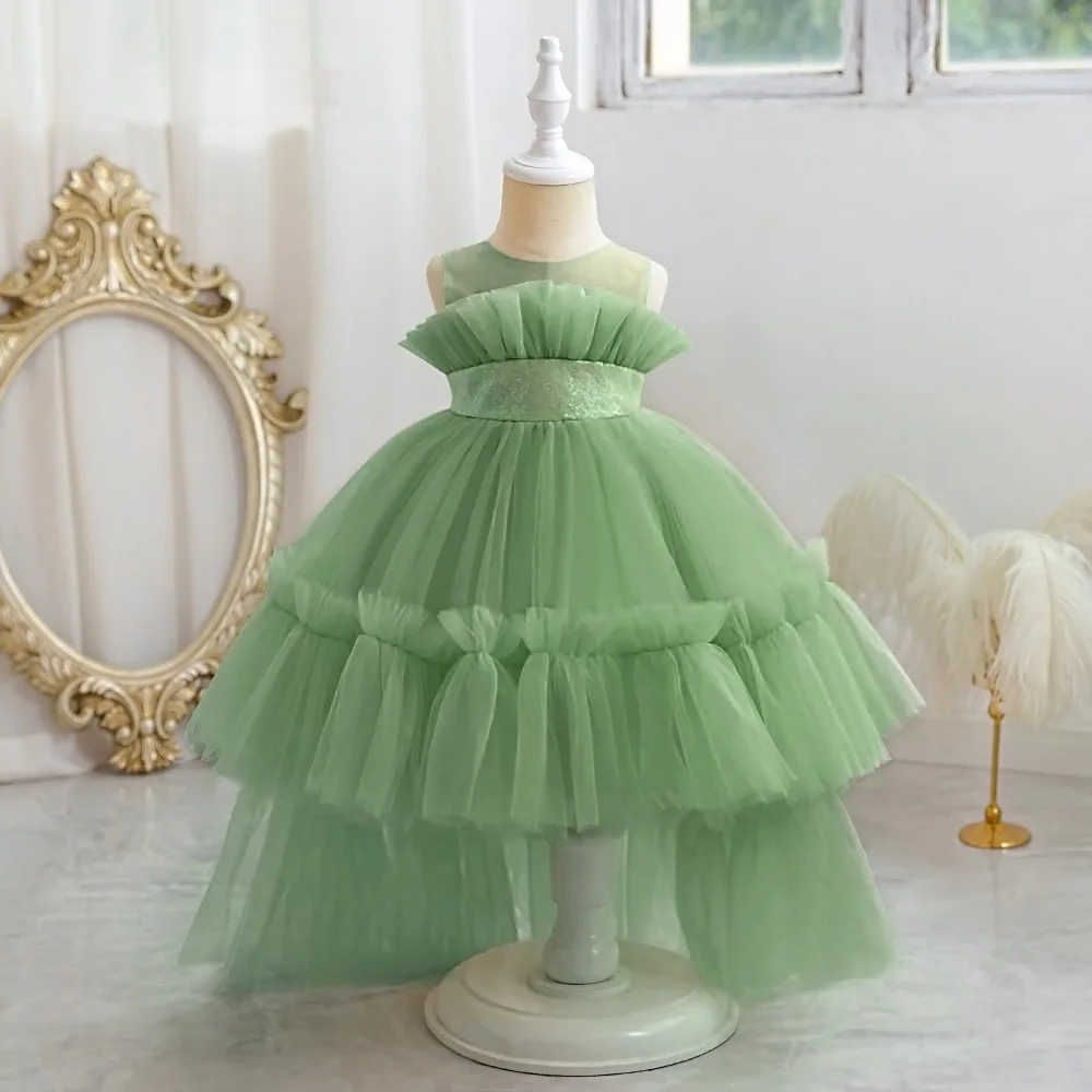 Fluffy Trailing Tulle Baby Girls Party Dresses Sequin Princess 1st Birthday Wedding Dress For Girl Elegant Bow Tutu Evening Gown