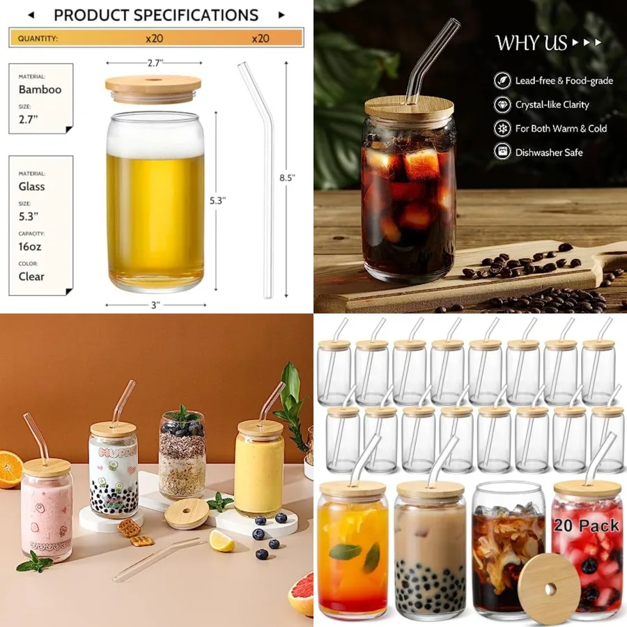 

20pcs Set ] Glass Cups with Bamboo Lids and Glass Straw - Beer Shaped 16 oz Iced Coffee Drinking Glasses, Cute Tumbler Cup for