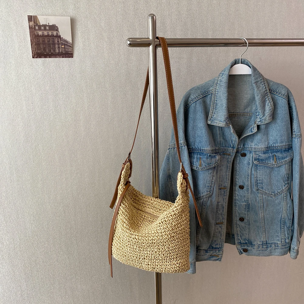 

Lady Hand-Woven Handbags Handmade Straw Messenger Bag Paper Rope Fashion Casual Simple Elegant Strap Adjustable Summer Beach Bag
