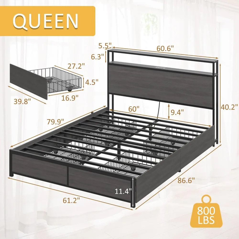 Queen Metal Platform Bed Frame with Storage Headboard, 4 Drawers, Charging Station, Rustic Grey